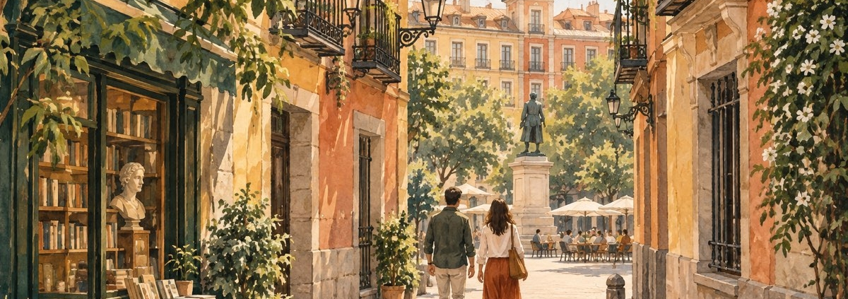 Ilustración de un paseo por una calle de inspiración madrileña, con balcones y fachadas cálidas.