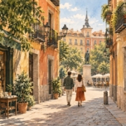 Ilustración de un paseo por una calle de inspiración madrileña, con balcones y fachadas cálidas.