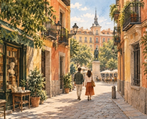 Ilustración de un paseo por una calle de inspiración madrileña, con balcones y fachadas cálidas.