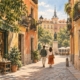 Ilustración de un paseo por una calle de inspiración madrileña, con balcones y fachadas cálidas.