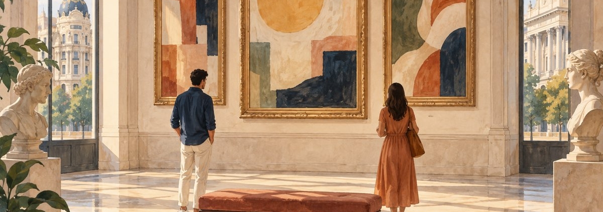 Ilustración de dos visitantes ante cuadros abstractos en una sala de museo.