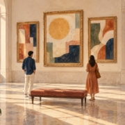 Ilustración de dos visitantes ante cuadros abstractos en una sala de museo.