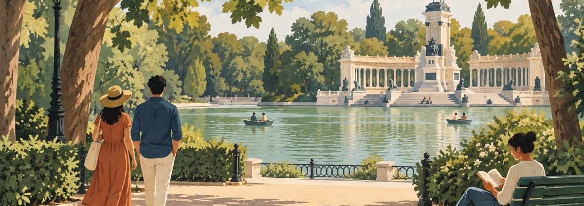 Ilustración de visitantes paseando junto a un estanque y una arboleda inspirados en el Retiro.