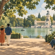 Ilustración de visitantes paseando junto a un estanque y una arboleda inspirados en el Retiro.