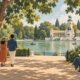 Ilustración de visitantes paseando junto a un estanque y una arboleda inspirados en el Retiro.