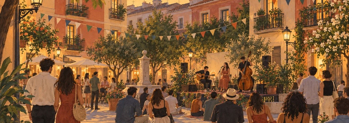Ilustración de una tarde de música en una plaza de inspiración madrileña decorada con banderines.
