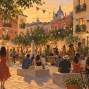 Ilustración de una tarde de música en una plaza de inspiración madrileña decorada con banderines.