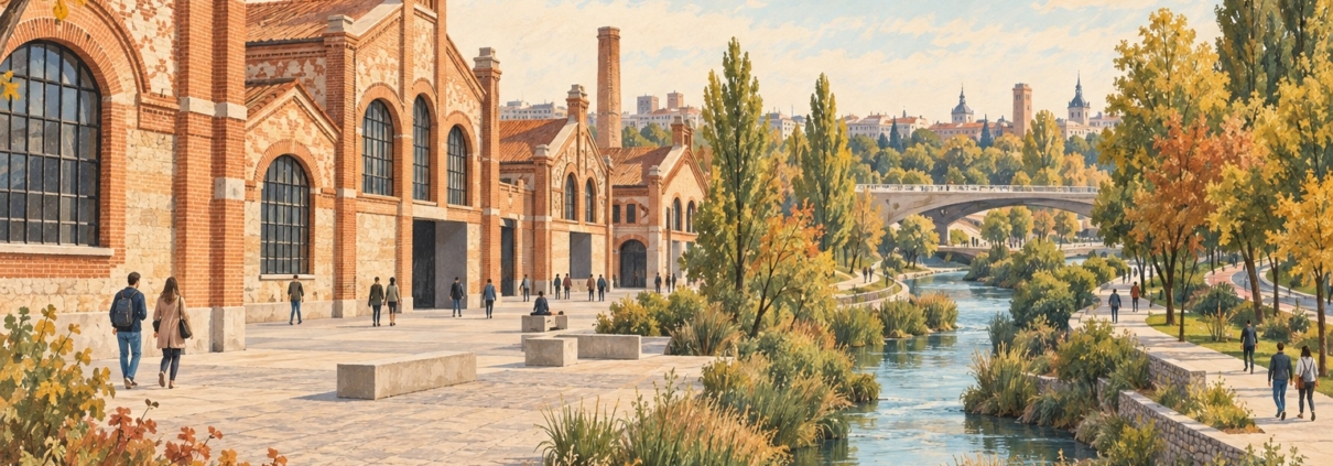 Ilustración inspirada en las naves de ladrillo de Matadero Madrid y un paseo junto al Manzanares.