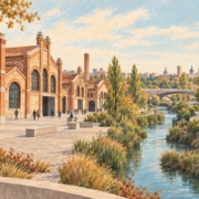 Ilustración inspirada en las naves de ladrillo de Matadero Madrid y un paseo junto al Manzanares.