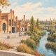 Ilustración inspirada en las naves de ladrillo de Matadero Madrid y un paseo junto al Manzanares.