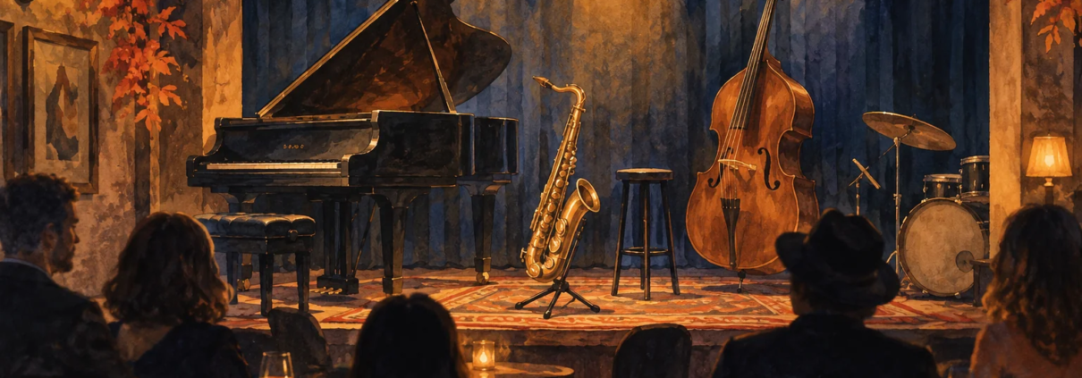 Ilustración de un escenario de jazz con piano, saxofón y contrabajo bajo luz cálida.
