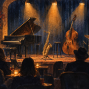 Ilustración de un escenario de jazz con piano, saxofón y contrabajo bajo luz cálida.
